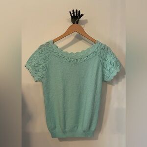 M Scalloped edge short sleeve knit sweater top 80’s teal, near perfect condition